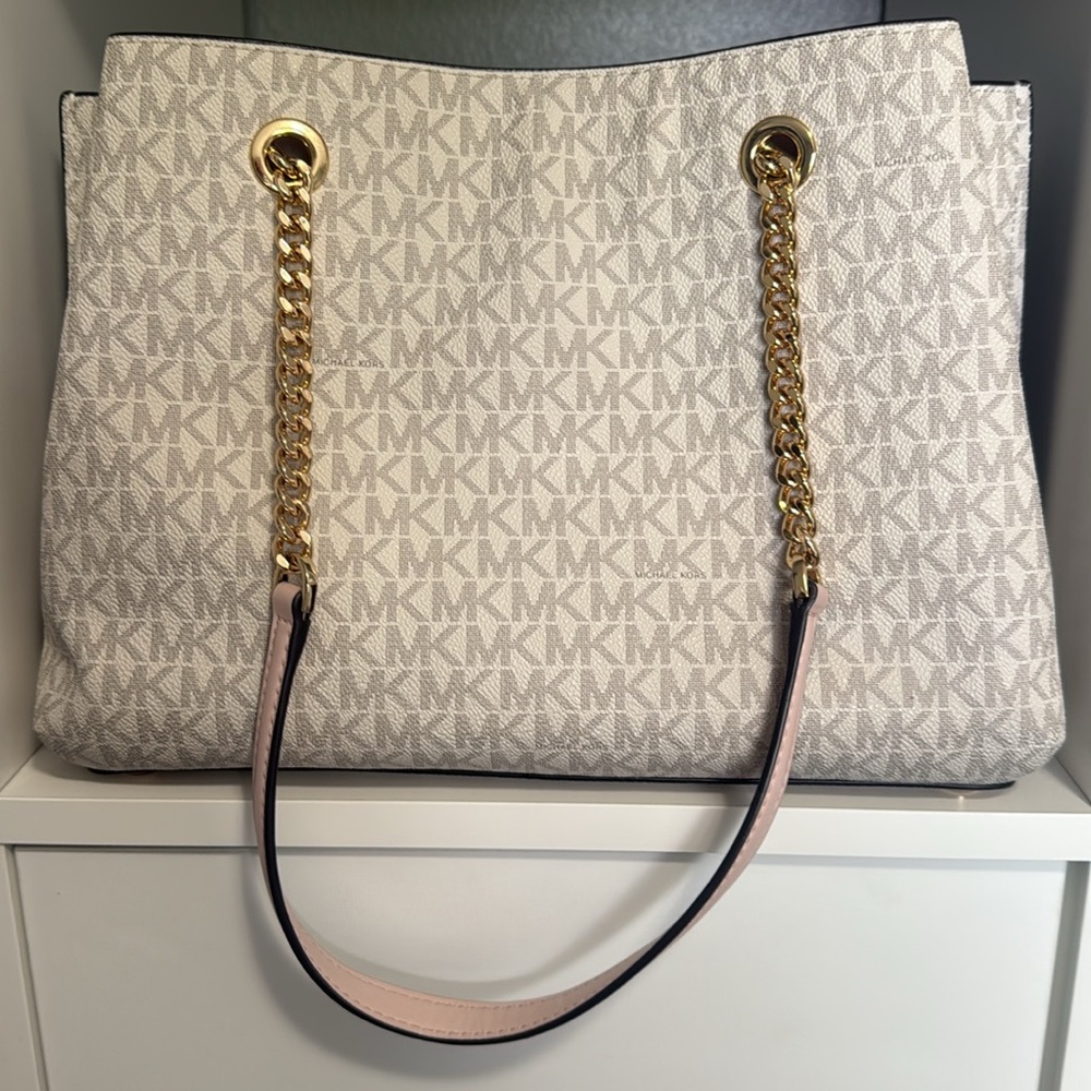 Michael Kors Teagan Large Logo Cream and Powder Blush Long Drop Satchel - Picture 3 of 16